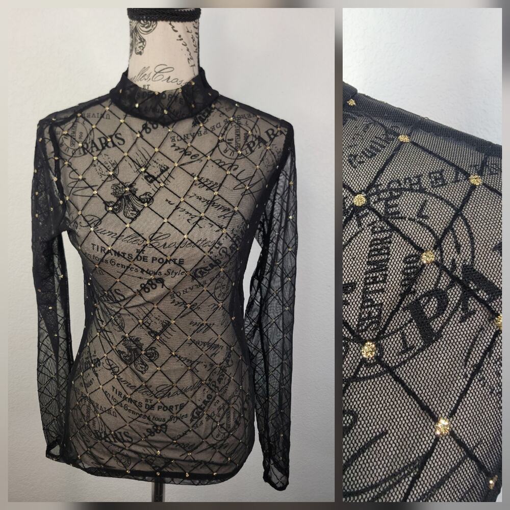 Charlotte Russe Sheer Mesh Fitted Top SZ S Embellished Whimsigoth Black 90s Y2K